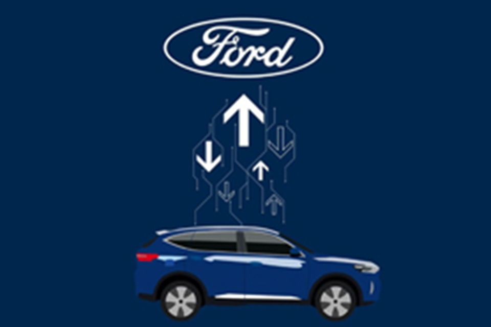 A graphic arts illustration of Ford sending an over the air update