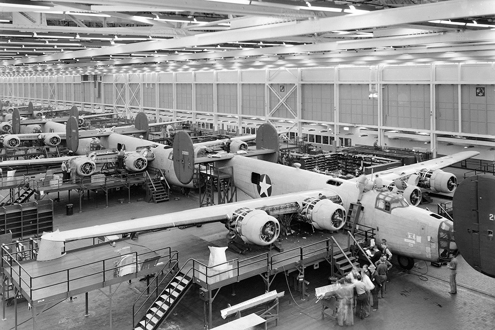 A B-24 Liberator Bomber is assembled at a Ford plant during wartime production