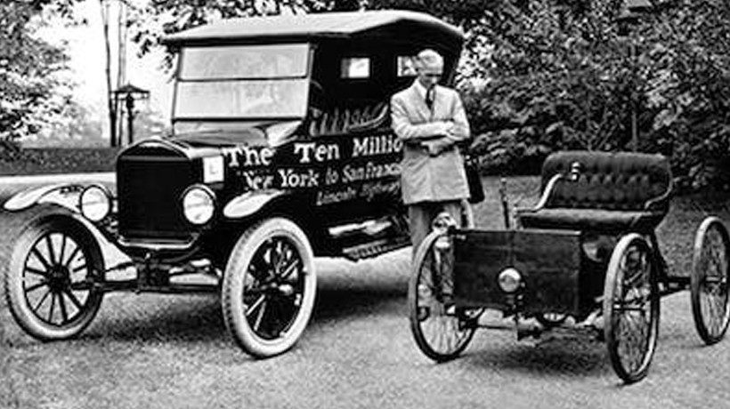 Image of Henry Ford with quadricycle and Model T