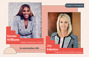 Keynote Speakers text and pictures of Serena Williams and Joy Falotico