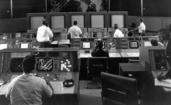 A black and white photo of Mission Control