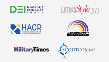 Logos for Disability Equality Index, Latina Style 50, HACR, Rainbow Push, Military Times and Scout Comms