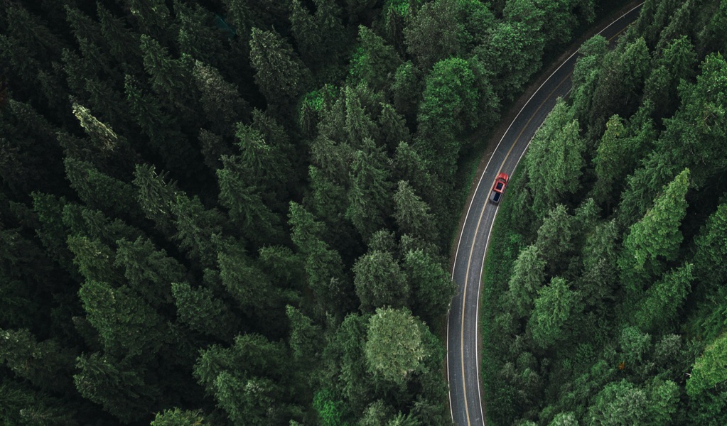 Aerial view of a vehicle driving on a road that winds through woodland