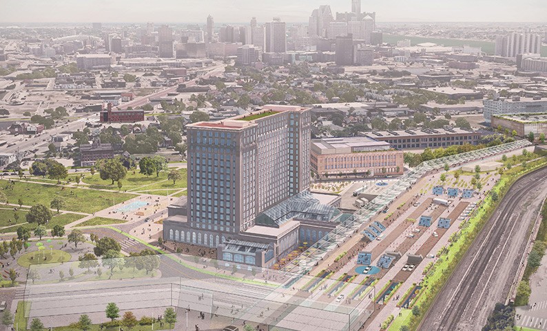 Aerial image of Corktown and surrounding locations including Brass Factory future developments the factory Detroit Public Schools Book Depository and Michigan Central Station