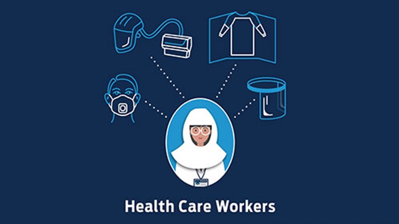 Health care worker surrounded by a mask a ventilator a gown and a face shield