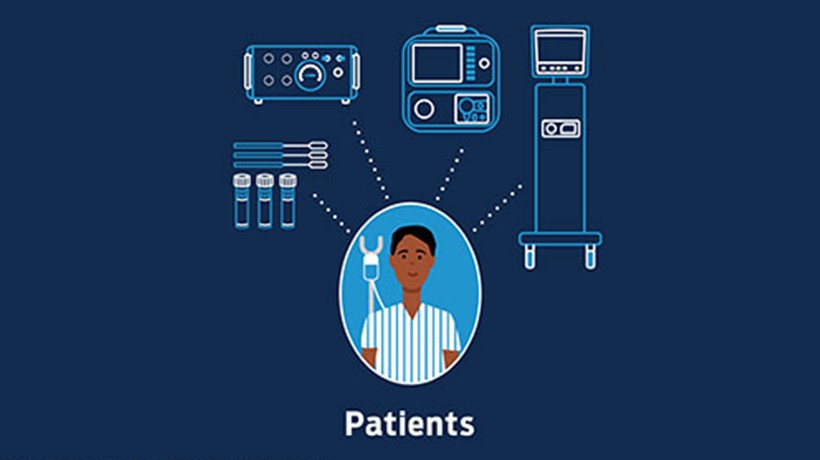 A patient surround by various health care technology