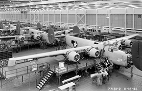 1942 historic bomber plane in hanger