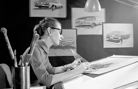 A woman working at the advanced styling studio in 1956